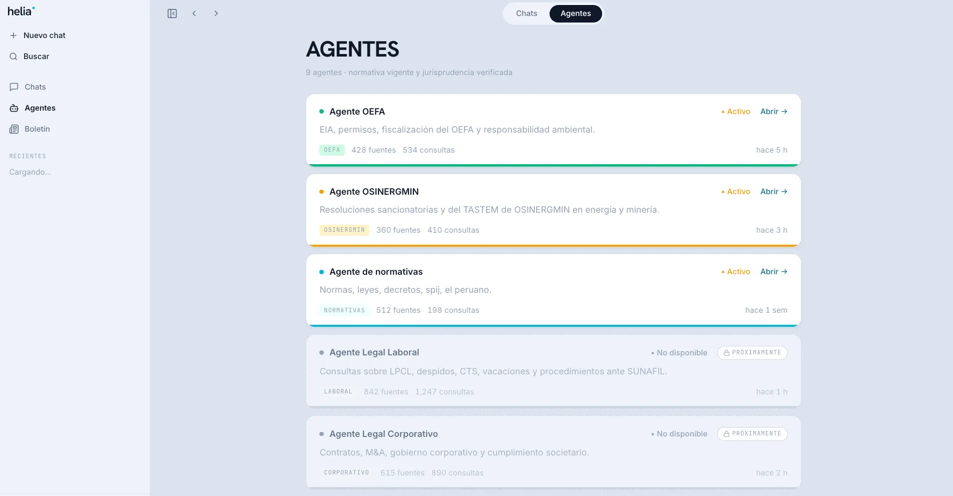 Panel de agentes de Helia con OEFA, Osinergmin, Normativas, Laboral y Corporativo