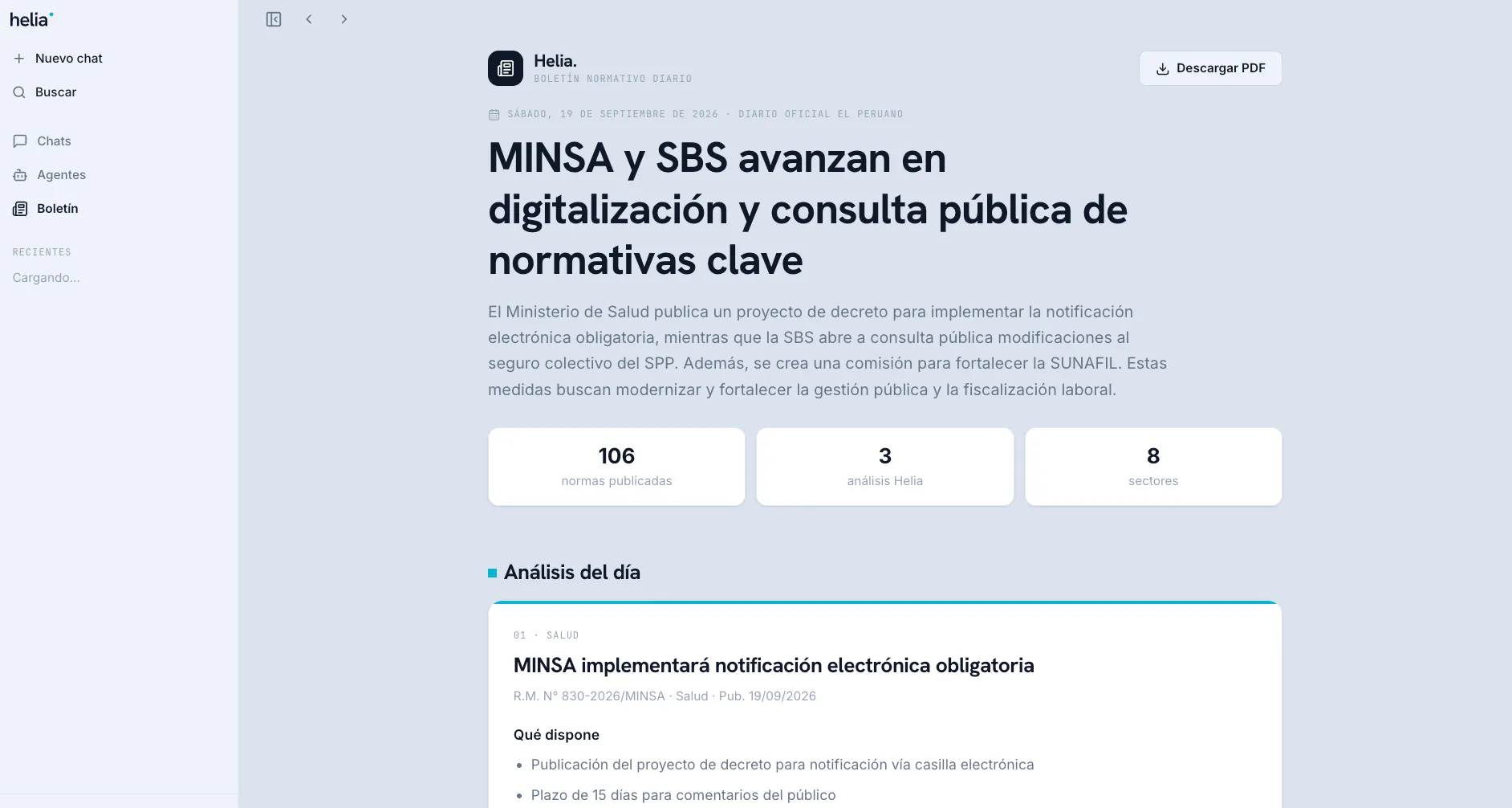 Boletín normativo diario de Helia, con El Peruano, métricas y análisis del día