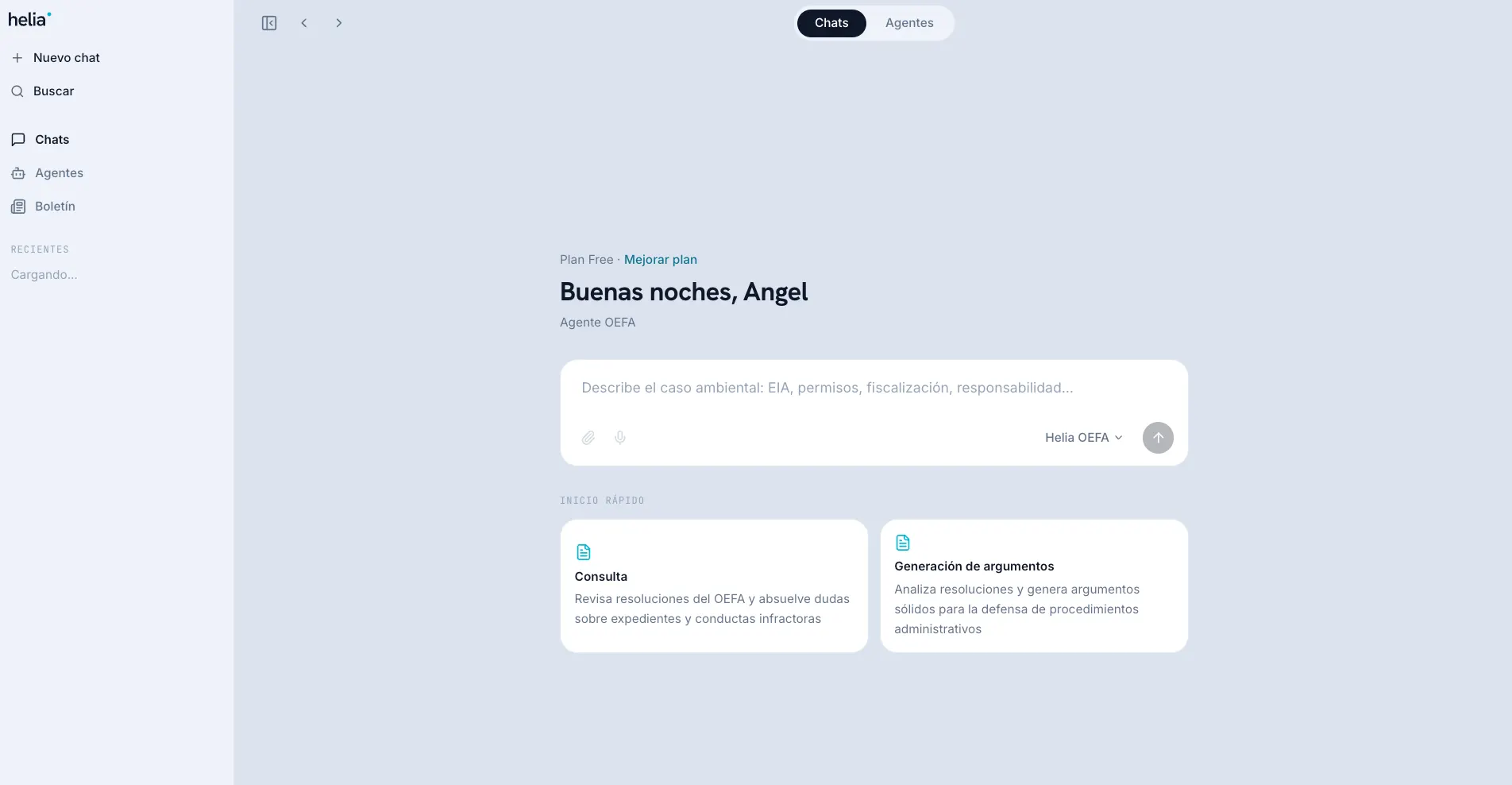 Espacio del agente OEFA de Helia, con saludo, compositor y atajos de inicio rápido