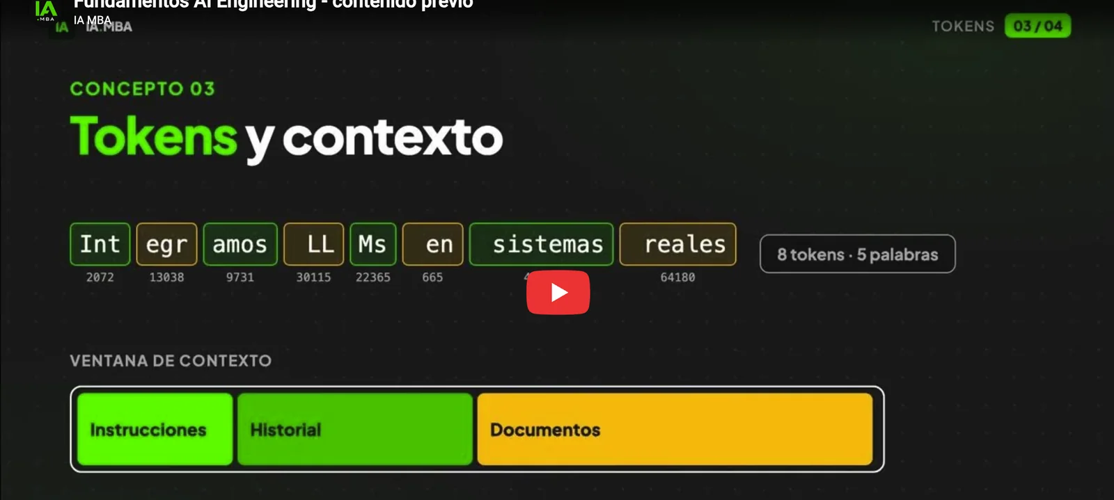 Lección Tokens y contexto del Bootcamp de AI Engineering, con tokens y ventana de contexto