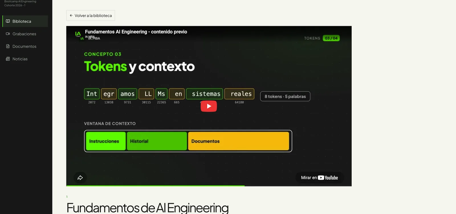 Reproductor del Bootcamp de AI Engineering de IA.MBA, lección de tokens y contexto