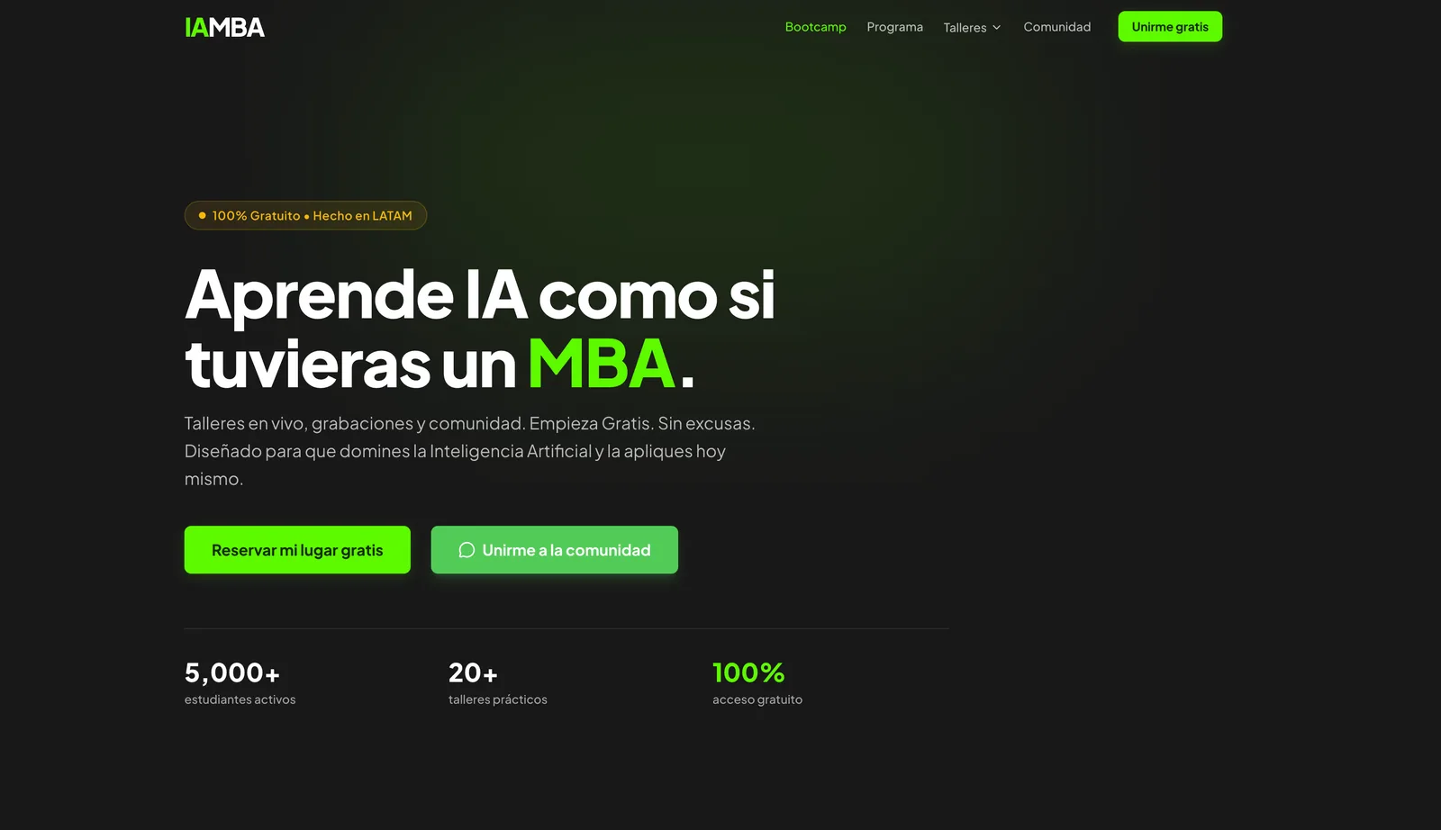 Home de IA.MBA con talleres de IA en vivo para Latinoamérica
