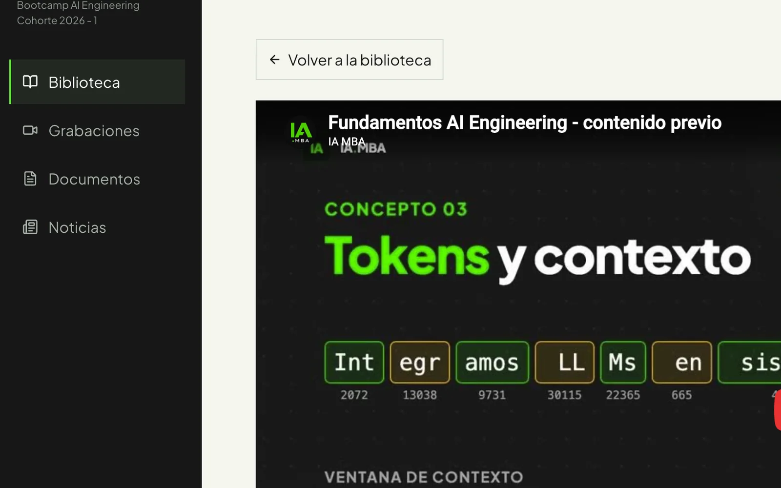 Navegación del Bootcamp de AI Engineering de IA.MBA, con Biblioteca, Grabaciones, Documentos y Noticias