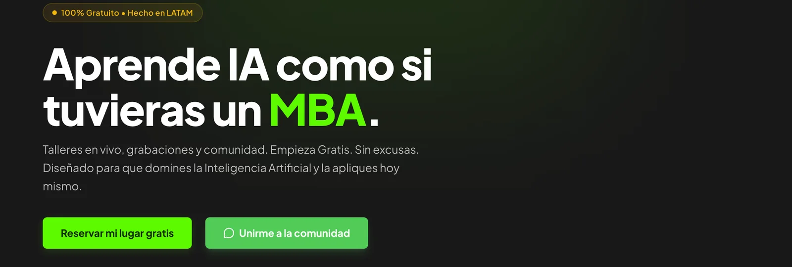 Home de IA.MBA: titular Aprende IA como si tuvieras un MBA y botones para unirse a los talleres
