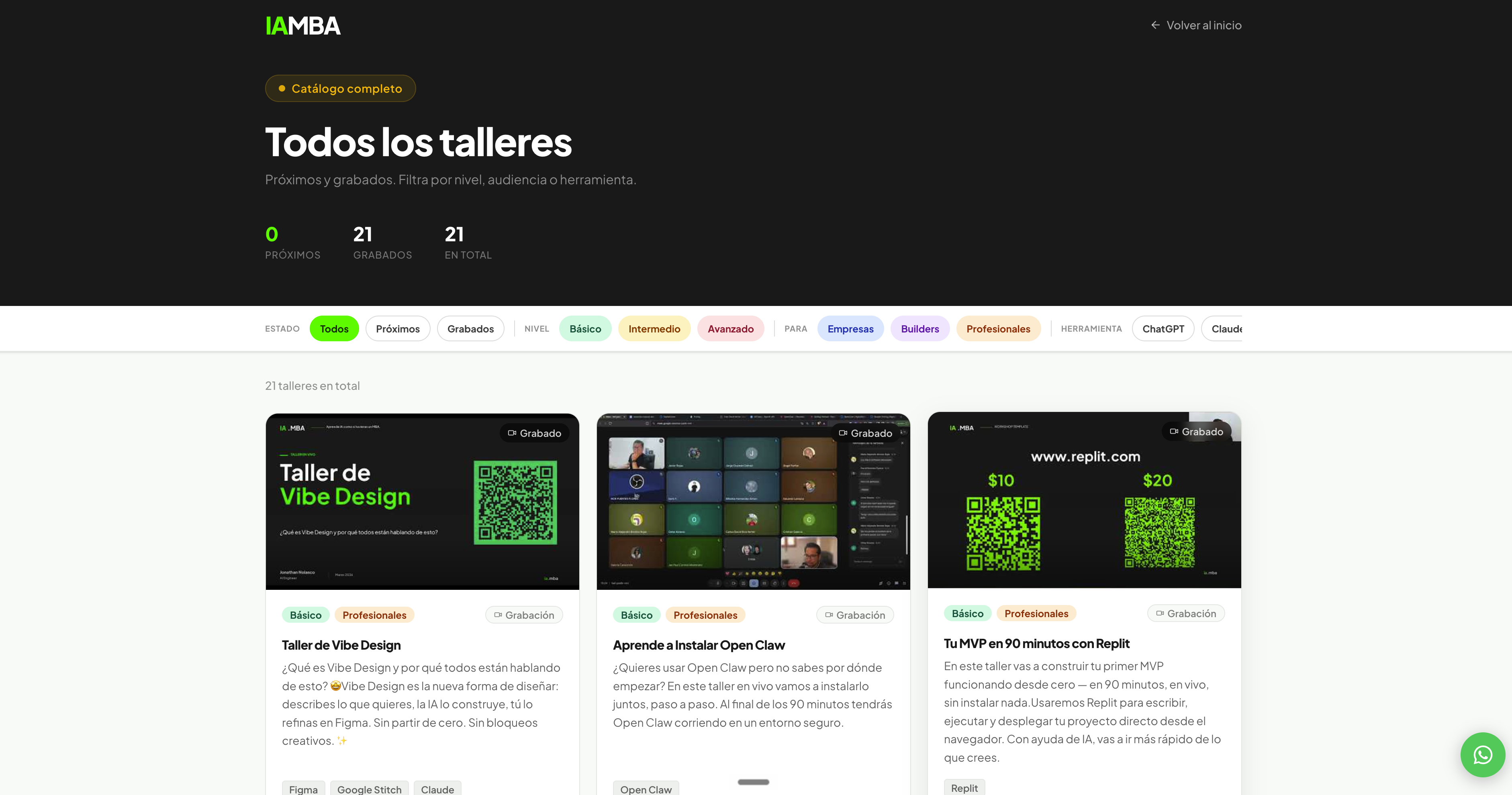 Interfaz del catálogo de talleres de IA.MBA